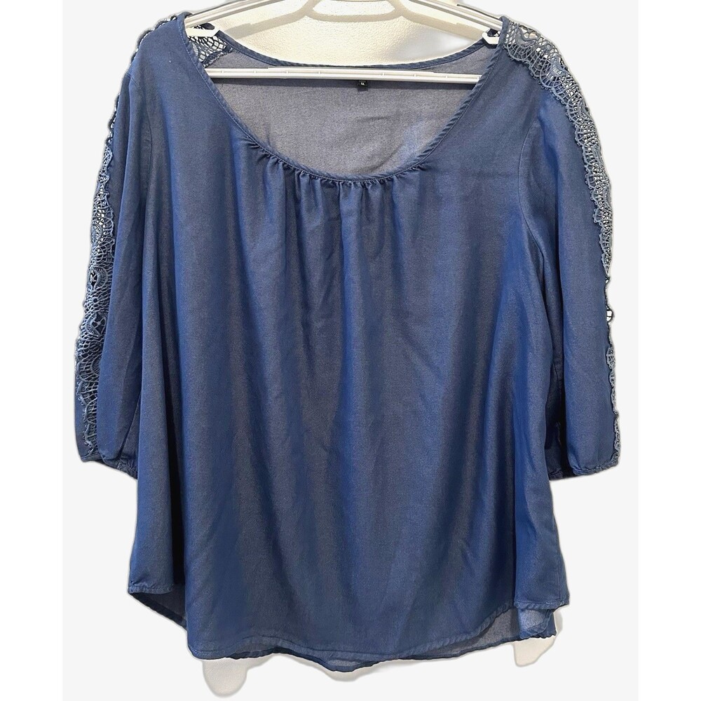 Unique Spectrum Blue Crochet Sleeve Boho Peasant Top Plus 1X Rayon